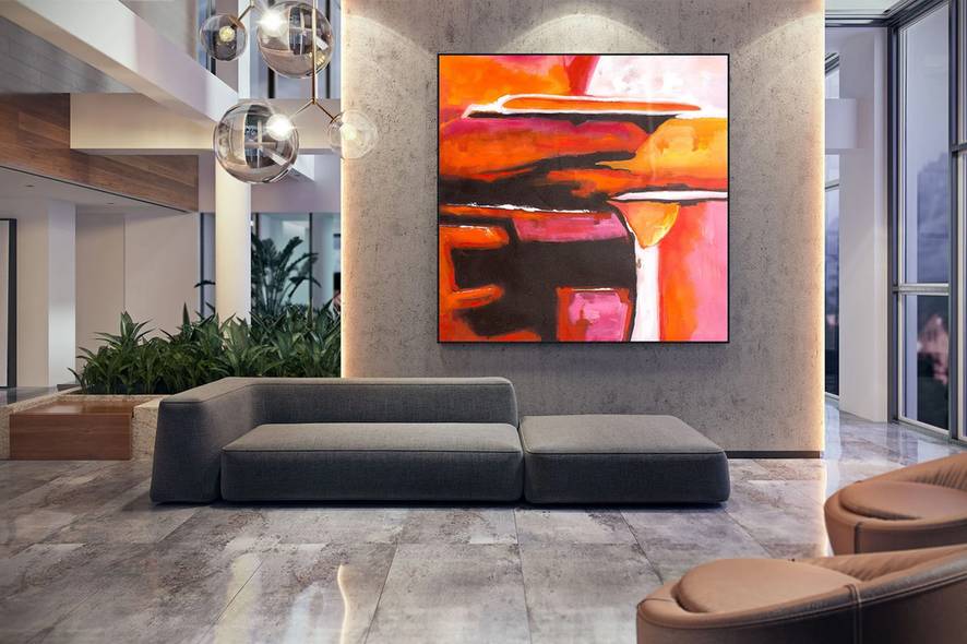 Red Hand-painted Handmade Hallway Orange White Abstract Canvas Artwork 3HO2P